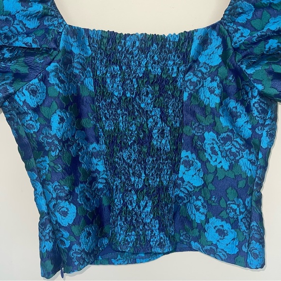 Anthropologie Puff Sleeve Jaquard Top 4 Square Neck Cropped Blue/Green NEW! - Picture 9 of 10